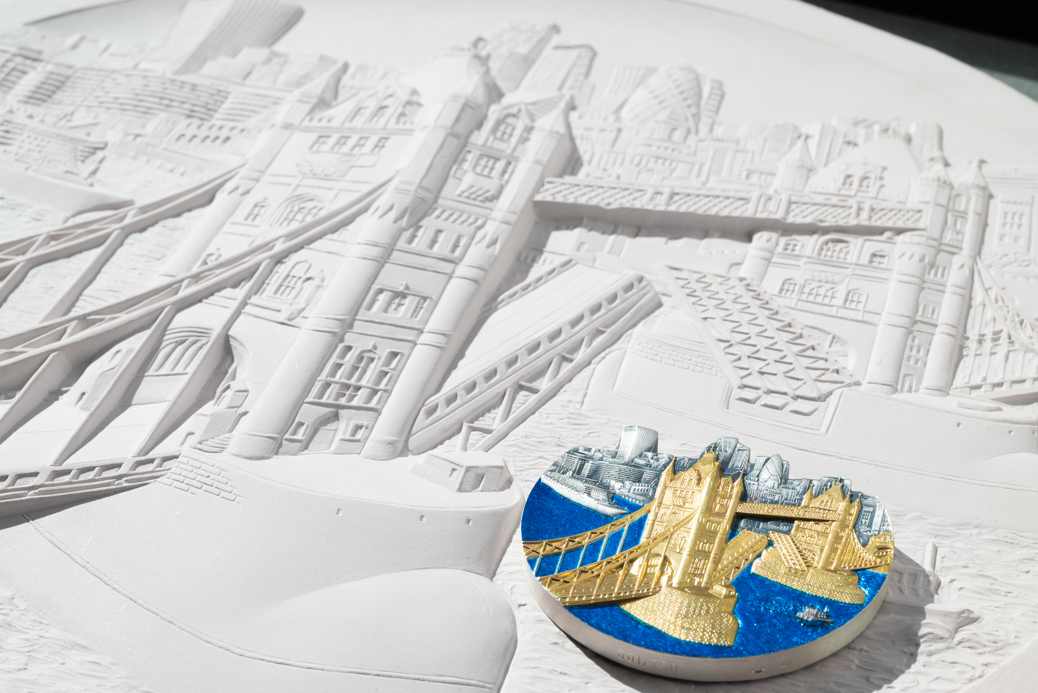Tower Bridge coin on plaster model